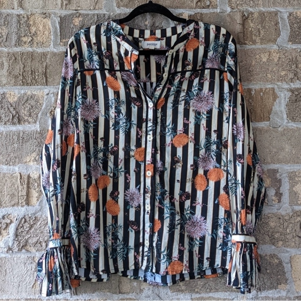 Anthropologie Porridge Striped Floral Statement Blouse Bell Cuffs Medium